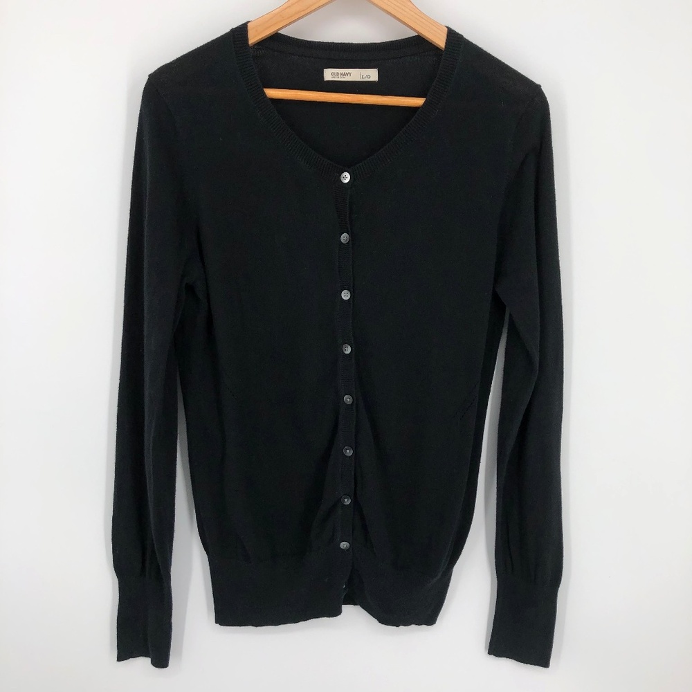 Old Navy Womens Cardigan Size Large Solid Black Button Front Rib Waist Cuff Soft